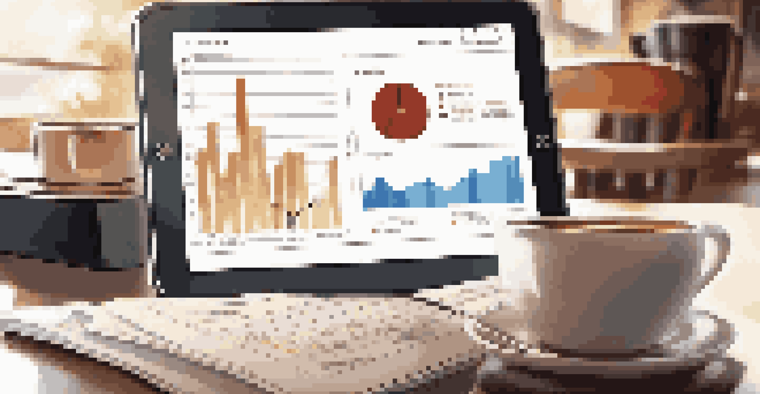 A business professional analyzing sales data on a tablet in a cafe.