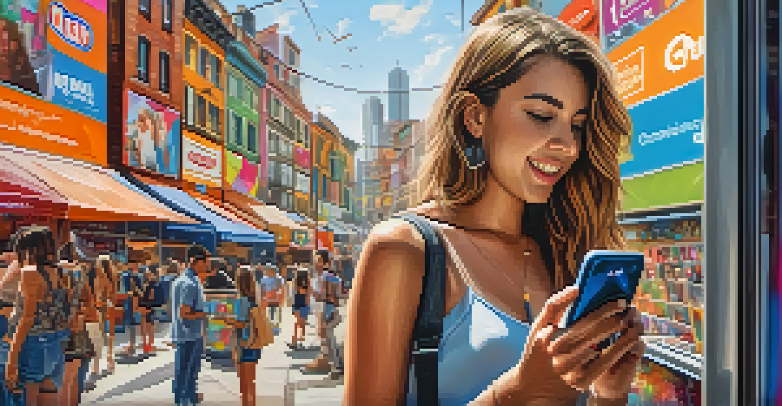 A young woman looking at her smartphone in an urban setting, with social media ads on her screen, surrounded by vibrant street art.