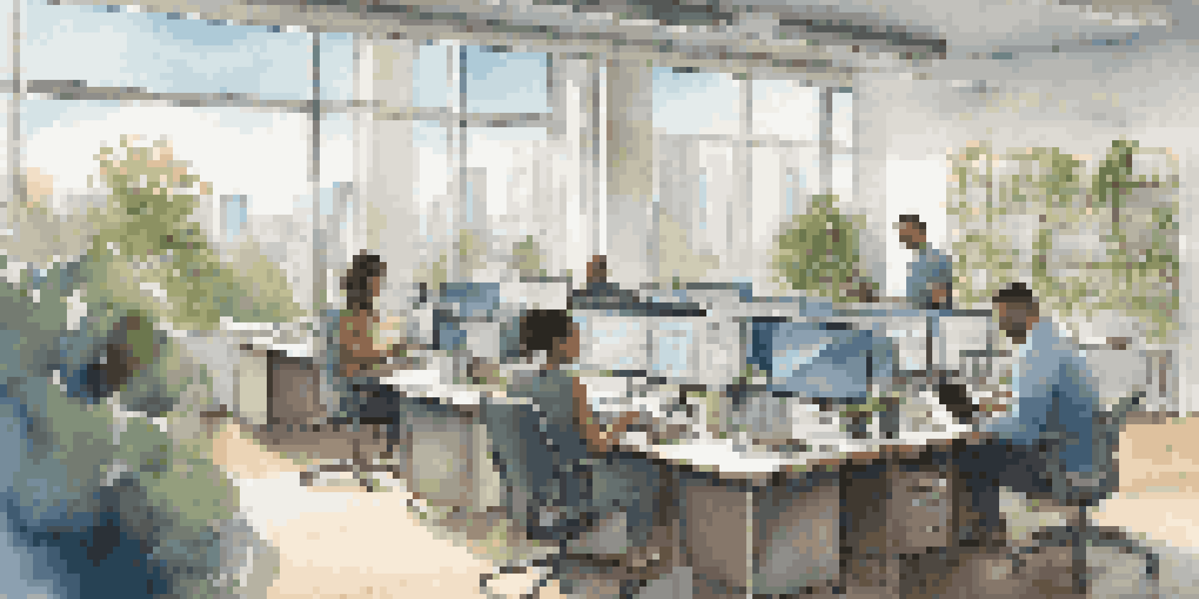 A contemporary office setting with employees of various backgrounds working together, enhanced by natural light and greenery.