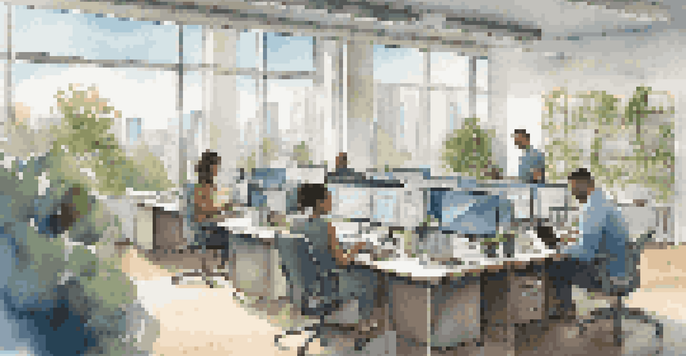 A contemporary office setting with employees of various backgrounds working together, enhanced by natural light and greenery.