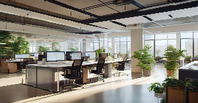 A bright and modern office with glass walls, employees discussing around a table, digital screens displaying metrics, and greenery in the background.