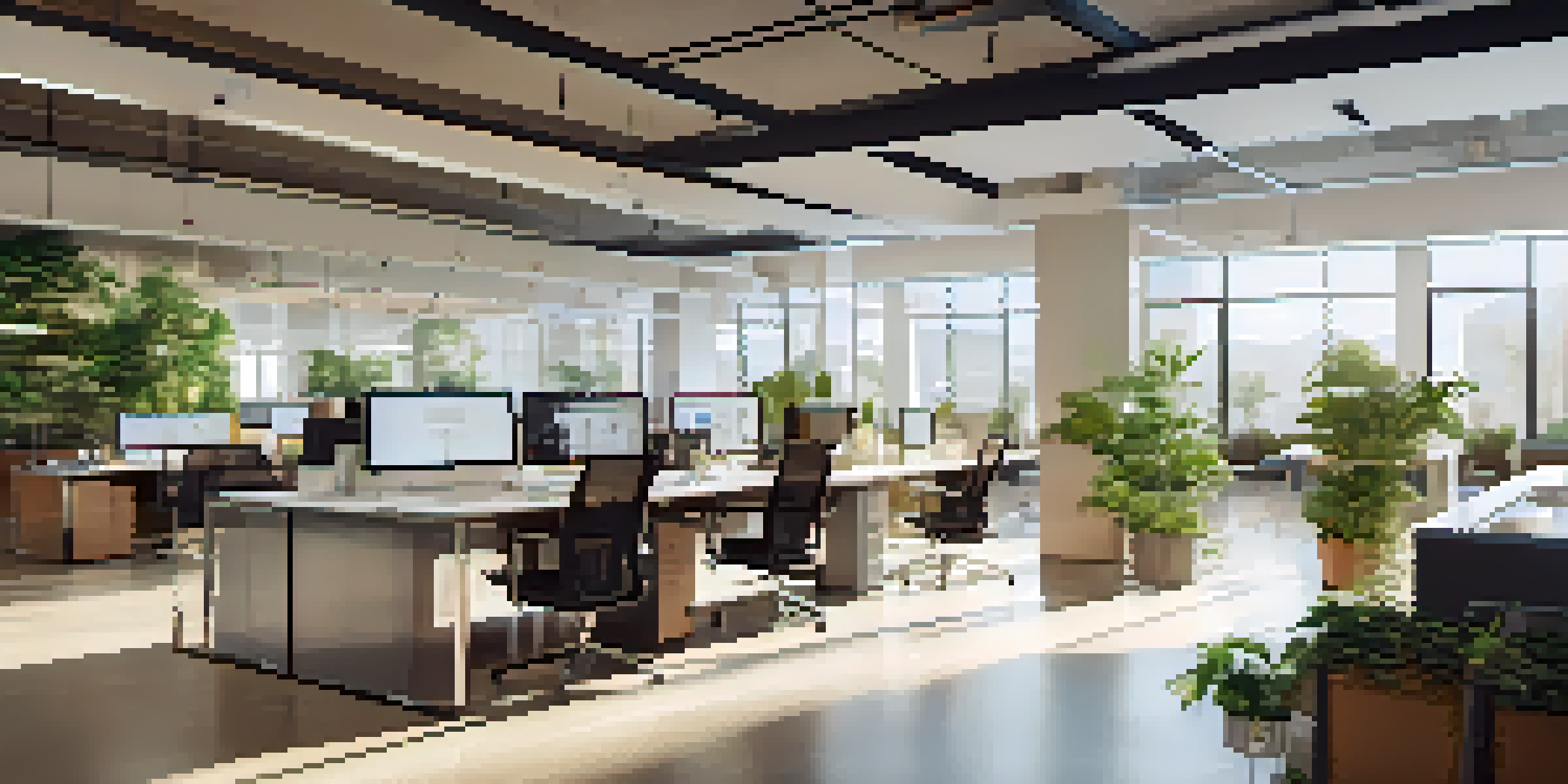 A bright and modern office with glass walls, employees discussing around a table, digital screens displaying metrics, and greenery in the background.