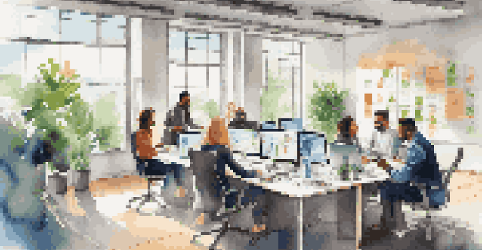 A diverse sales team in a bright office collaborating around a glass table, filled with laptops and charts, with motivational posters on the walls.