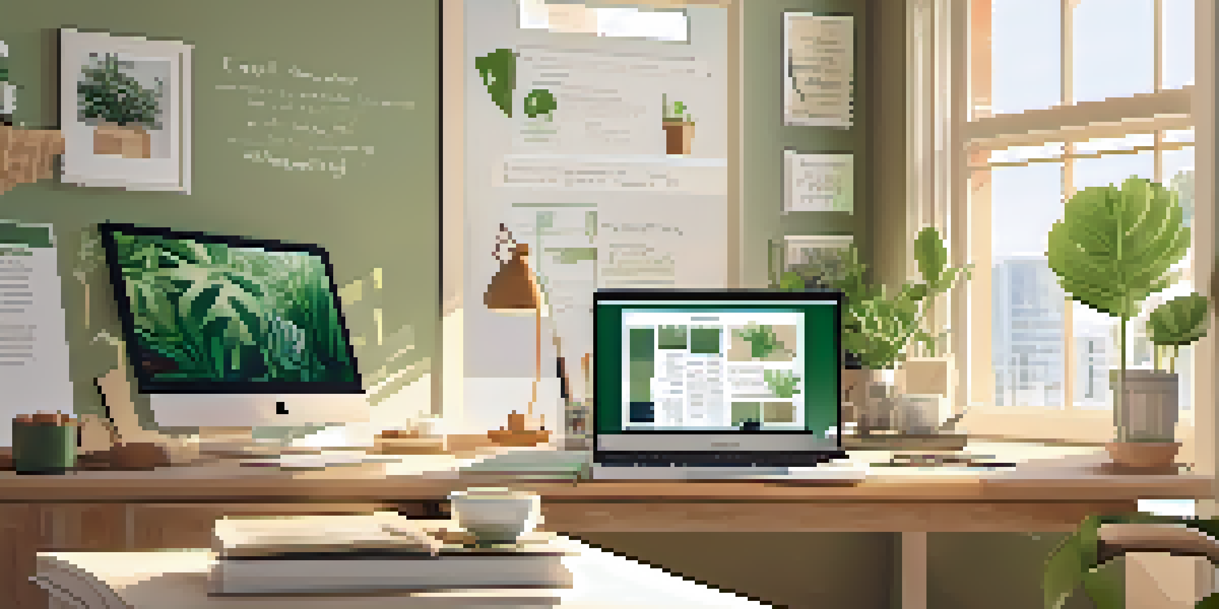 A bright and organized workspace with a wooden desk, laptop, notepad, coffee cup, and plants.