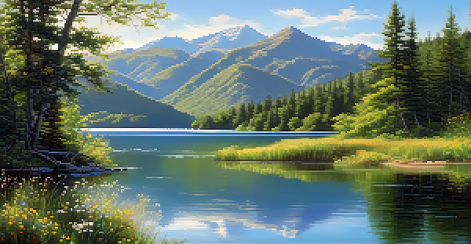 A peaceful lake landscape with green mountains and a clear blue sky, reflecting sunlight on the water.