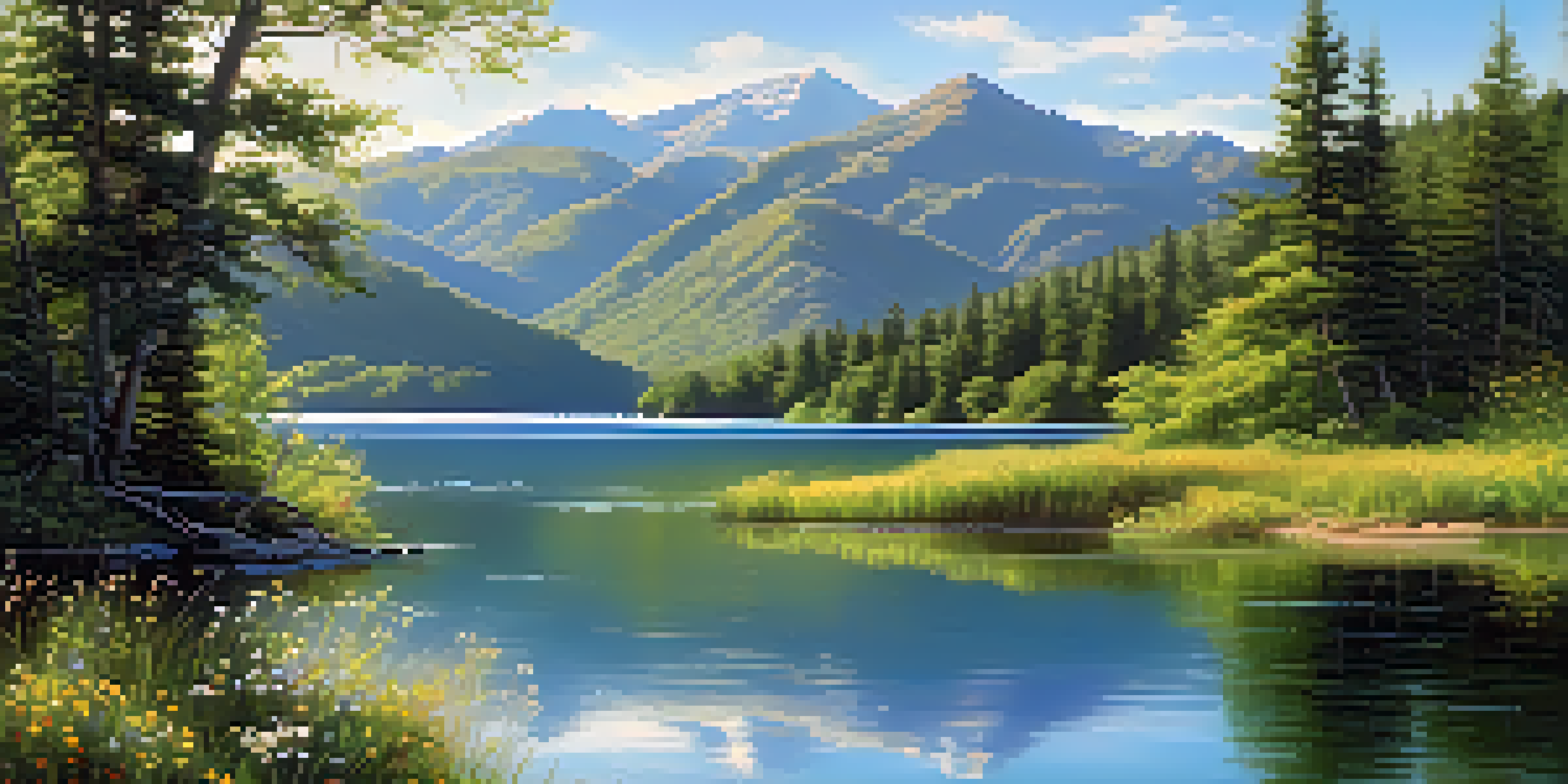 A peaceful lake landscape with green mountains and a clear blue sky, reflecting sunlight on the water.
