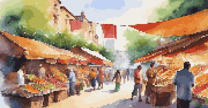 A lively marketplace with diverse individuals exploring colorful stalls and a focus on a unique product display.
