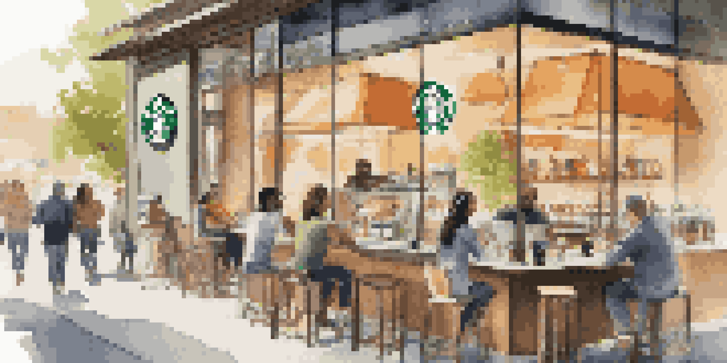 A lively outdoor café displaying Starbucks and Spotify logos, with customers enjoying drinks and wearing headphones.