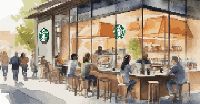 A lively outdoor café displaying Starbucks and Spotify logos, with customers enjoying drinks and wearing headphones.
