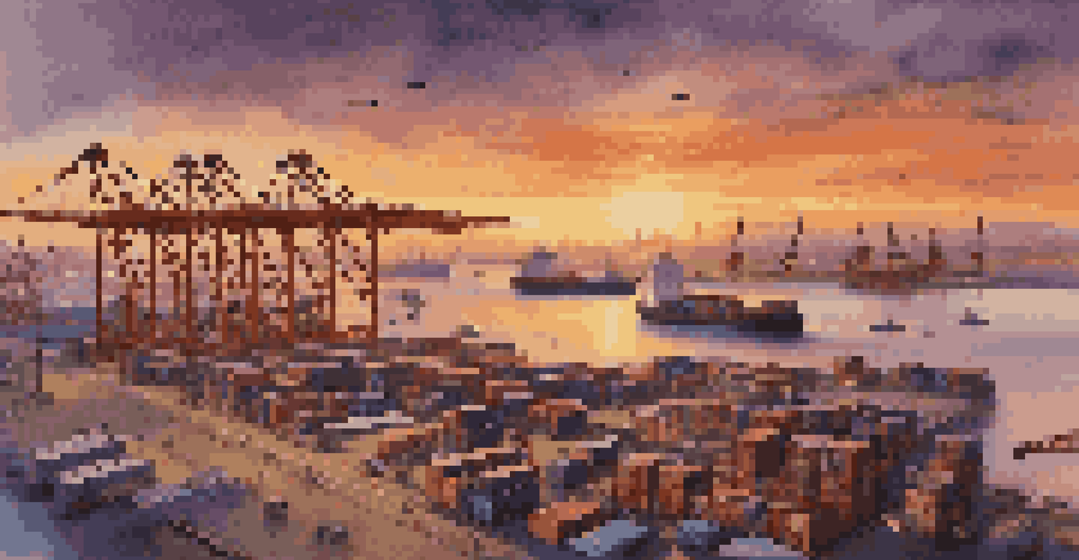 An aerial view of a busy shipping port at sunset with cranes and stacked containers.