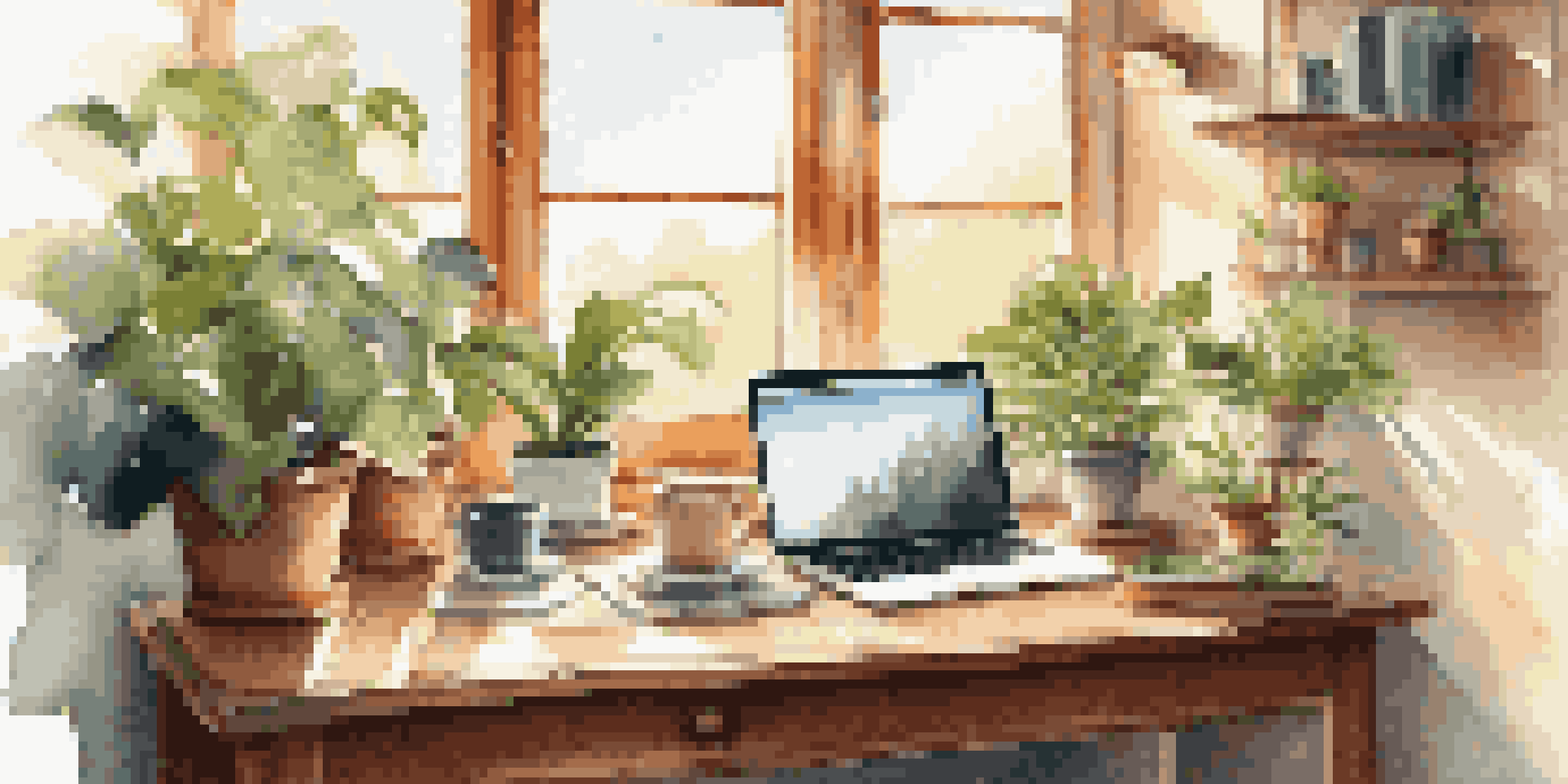 A bright and inviting remote workspace with a laptop, a potted plant, and a cup of coffee on a wooden desk, illuminated by sunlight.