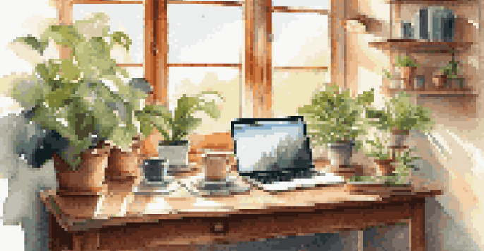 A bright and inviting remote workspace with a laptop, a potted plant, and a cup of coffee on a wooden desk, illuminated by sunlight.