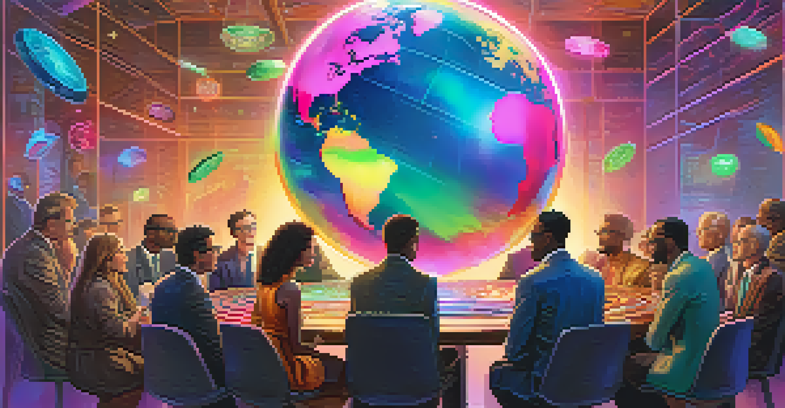 A diverse group of people looking at a holographic globe with digital tokens, set in a colorful and dynamic environment representing global investment opportunities.