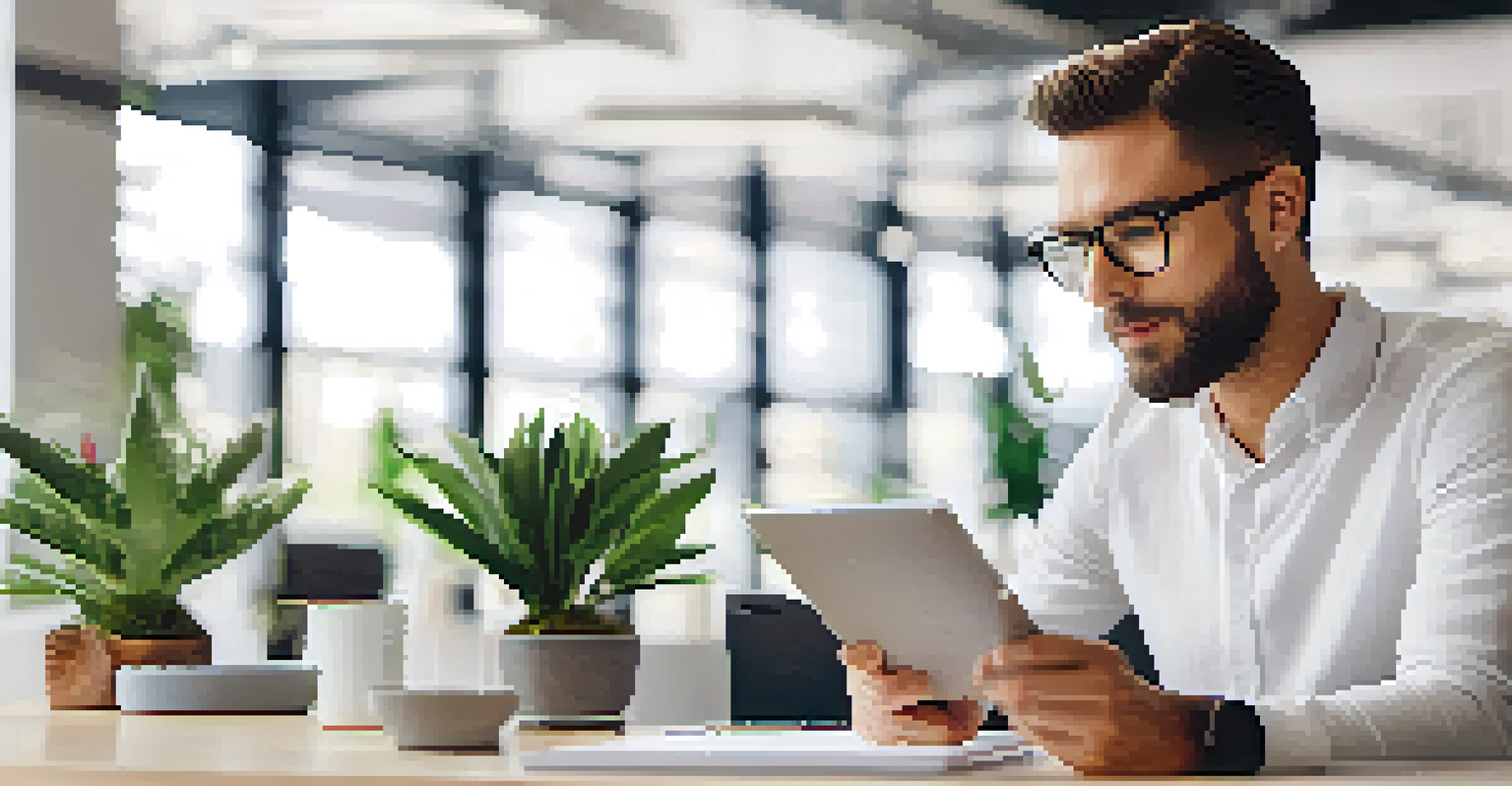 An employee thoughtfully filling out a feedback survey on a tablet in a bright and welcoming office space.