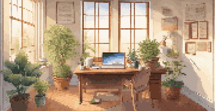 A bright and inviting office space with a wooden desk, laptop, potted plant, and coffee cup, bathed in warm sunlight.