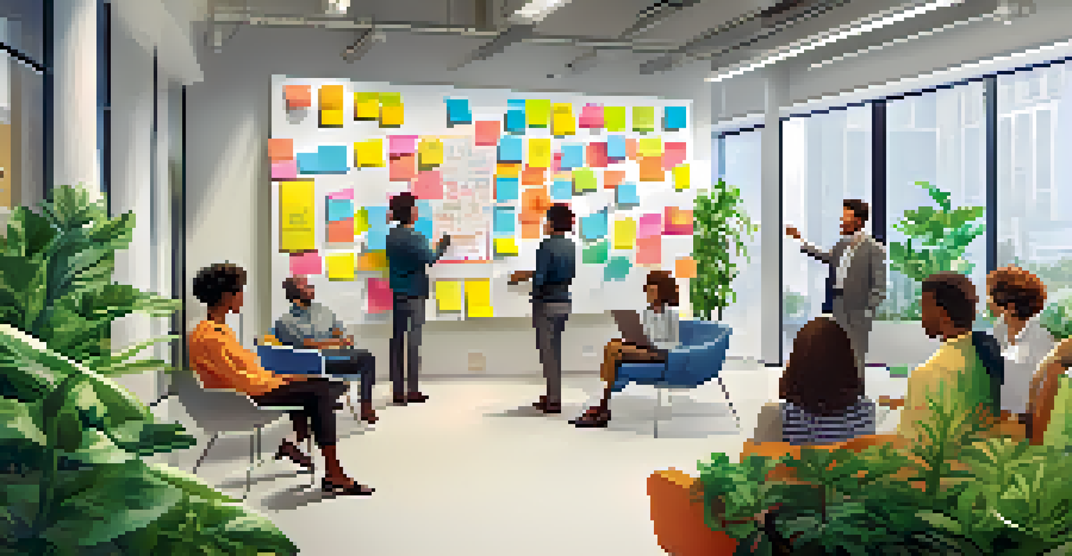 An office space with a whiteboard covered in colorful notes and employees discussing ideas.