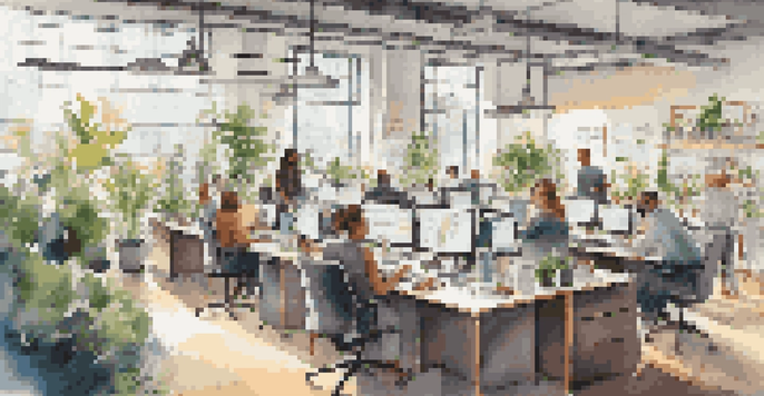 A diverse group of employees collaborating in a modern office, surrounded by laptops and sticky notes.