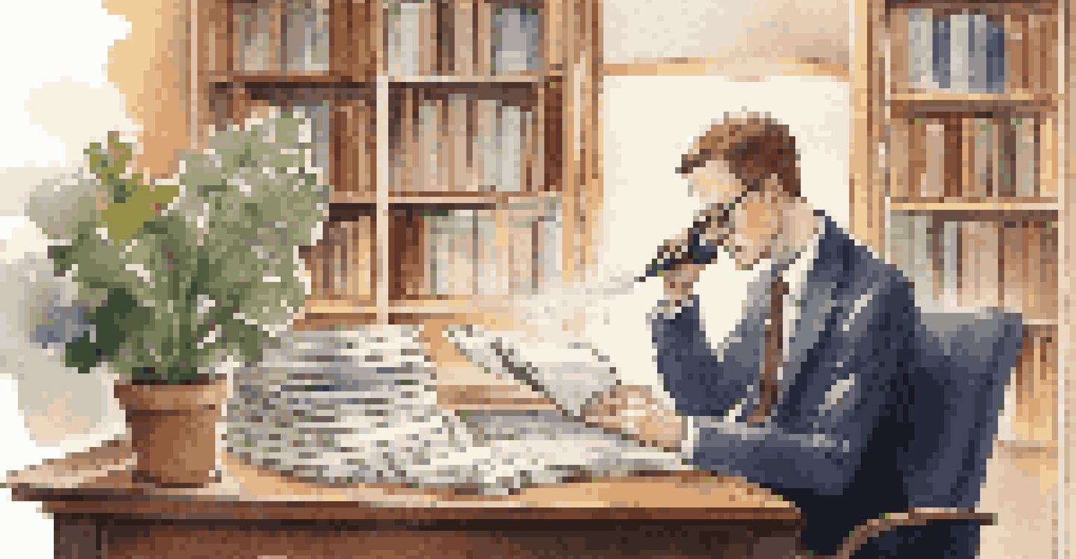 A person analyzing a Franchise Disclosure Document with a magnifying glass at a desk, surrounded by books and plants.