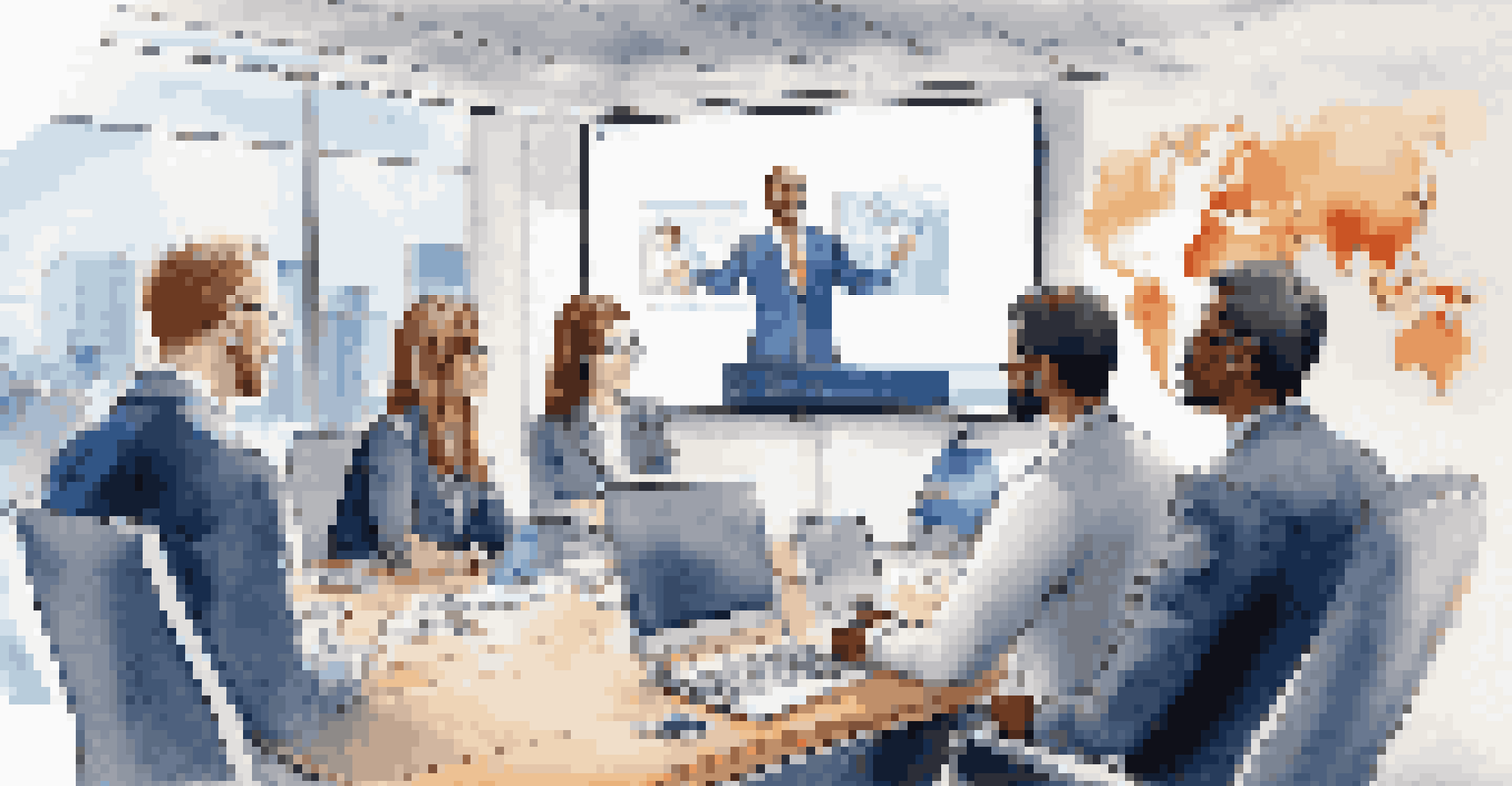 A modern office with a team of professionals participating in a video conference with international partners, showcasing a collaborative environment.