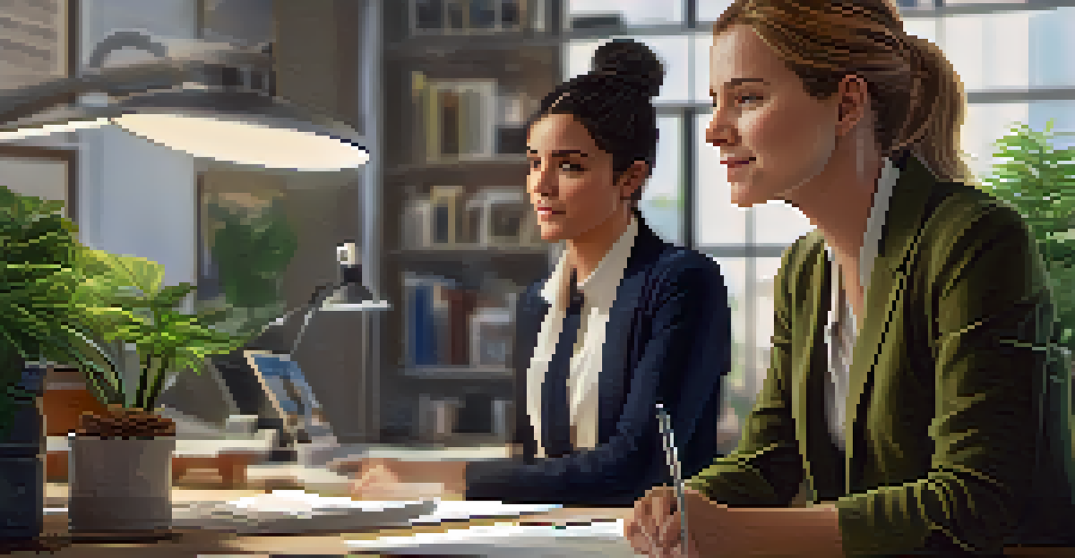 Two colleagues engaged in a discussion, one listening intently with empathetic expressions in a cozy office setting.