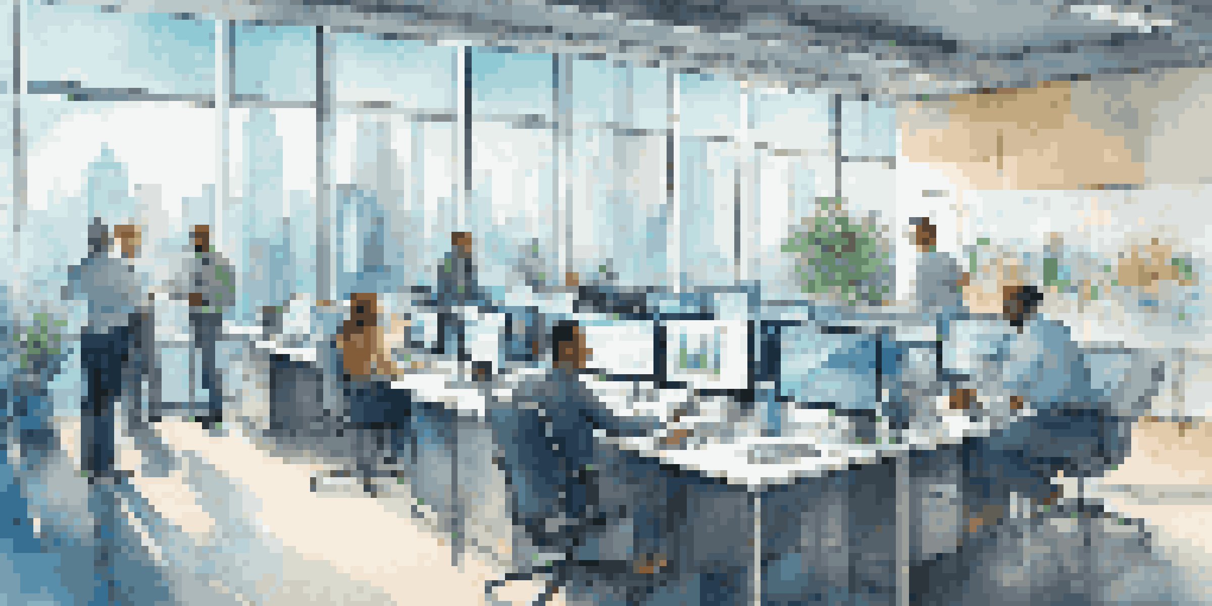 A vibrant modern office with diverse employees working together on data analytics, featuring large screens with charts and a view of the city outside.