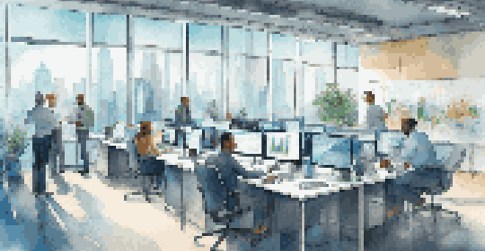 A vibrant modern office with diverse employees working together on data analytics, featuring large screens with charts and a view of the city outside.