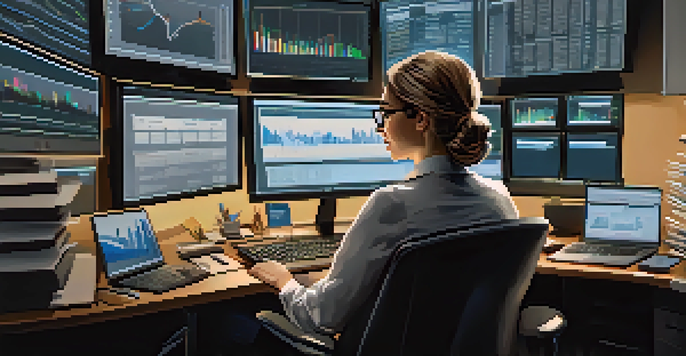 A financial analyst working intently on a financial model, surrounded by monitors with graphs and charts in a well-lit office.