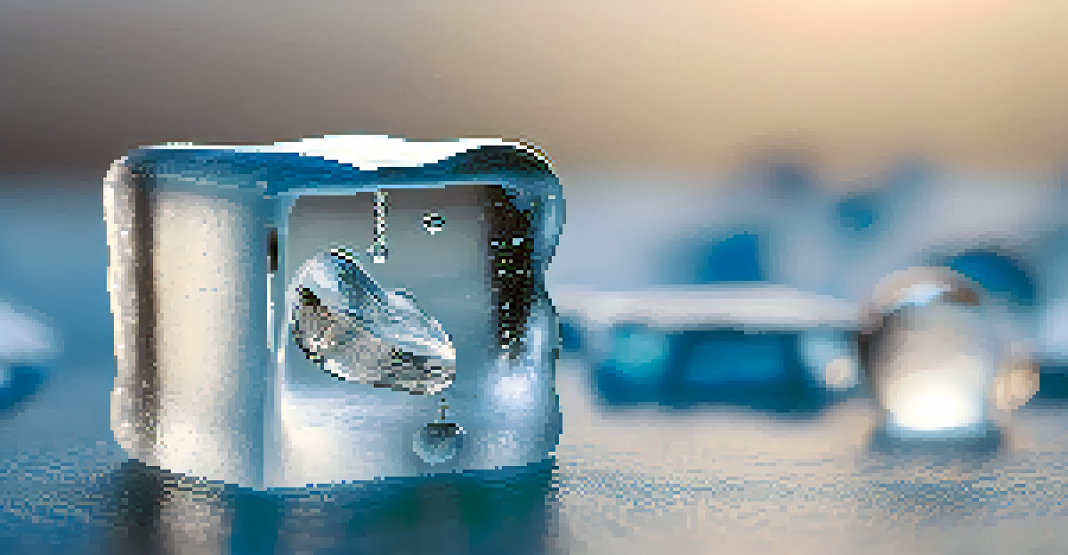 A conceptual representation of Lewin's Change Management Model showing a melting ice cube transitioning to a solid form against a soft blue background.