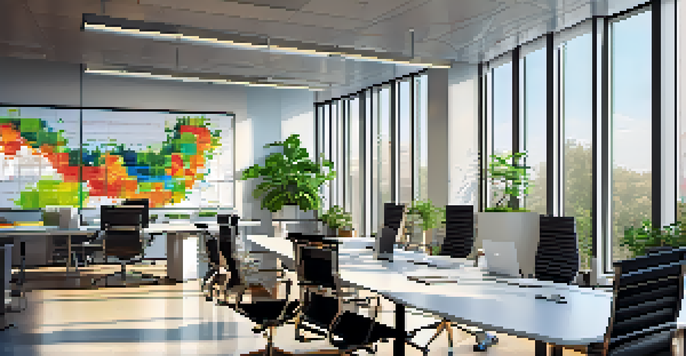 A bright and modern office conference room with a large table, ergonomic chairs, laptops, and a digital screen displaying a graph.