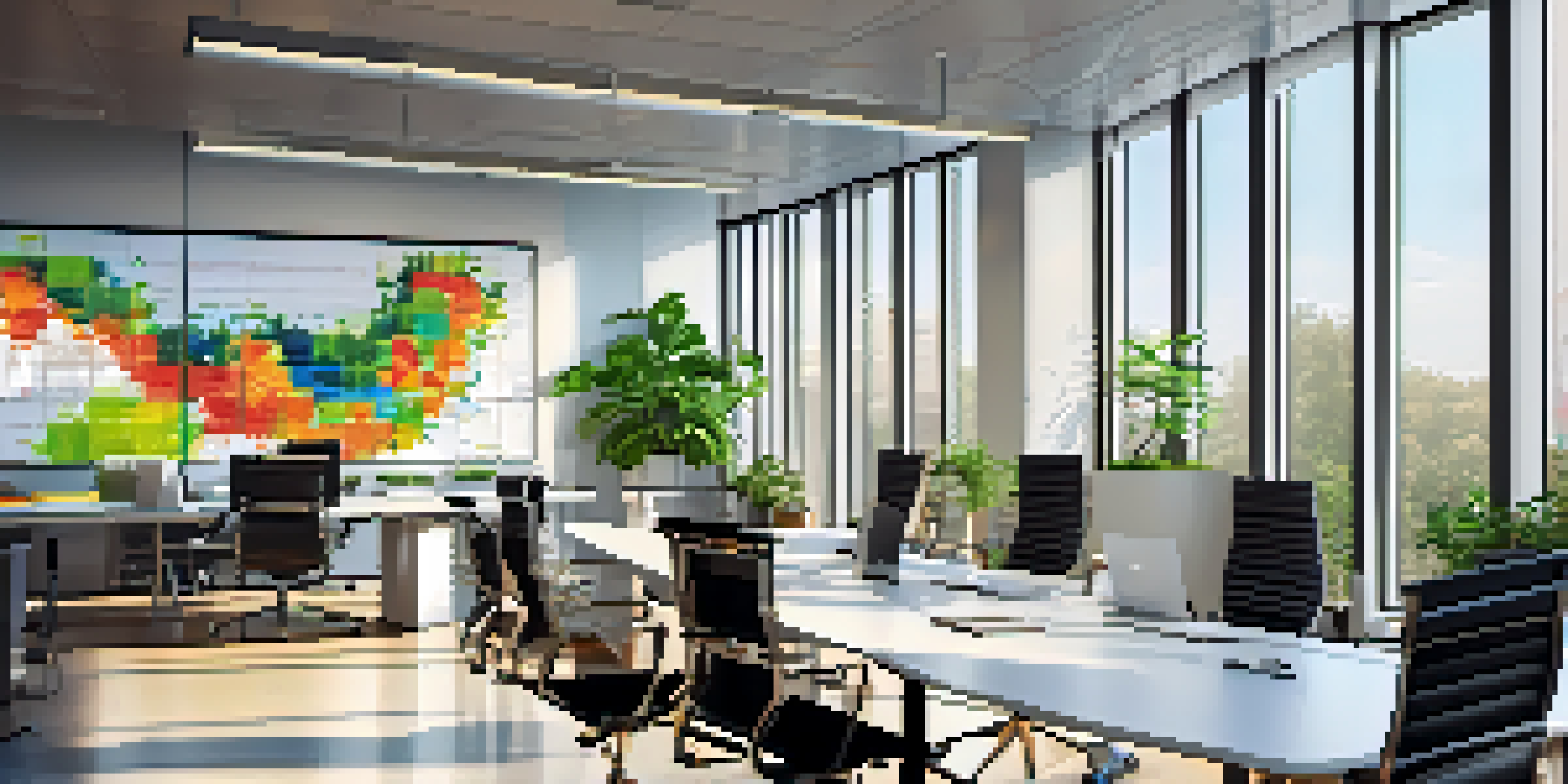 A bright and modern office conference room with a large table, ergonomic chairs, laptops, and a digital screen displaying a graph.