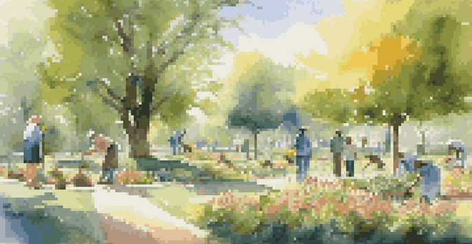 A diverse group of people planting trees in a sunny park surrounded by greenery and flowers.