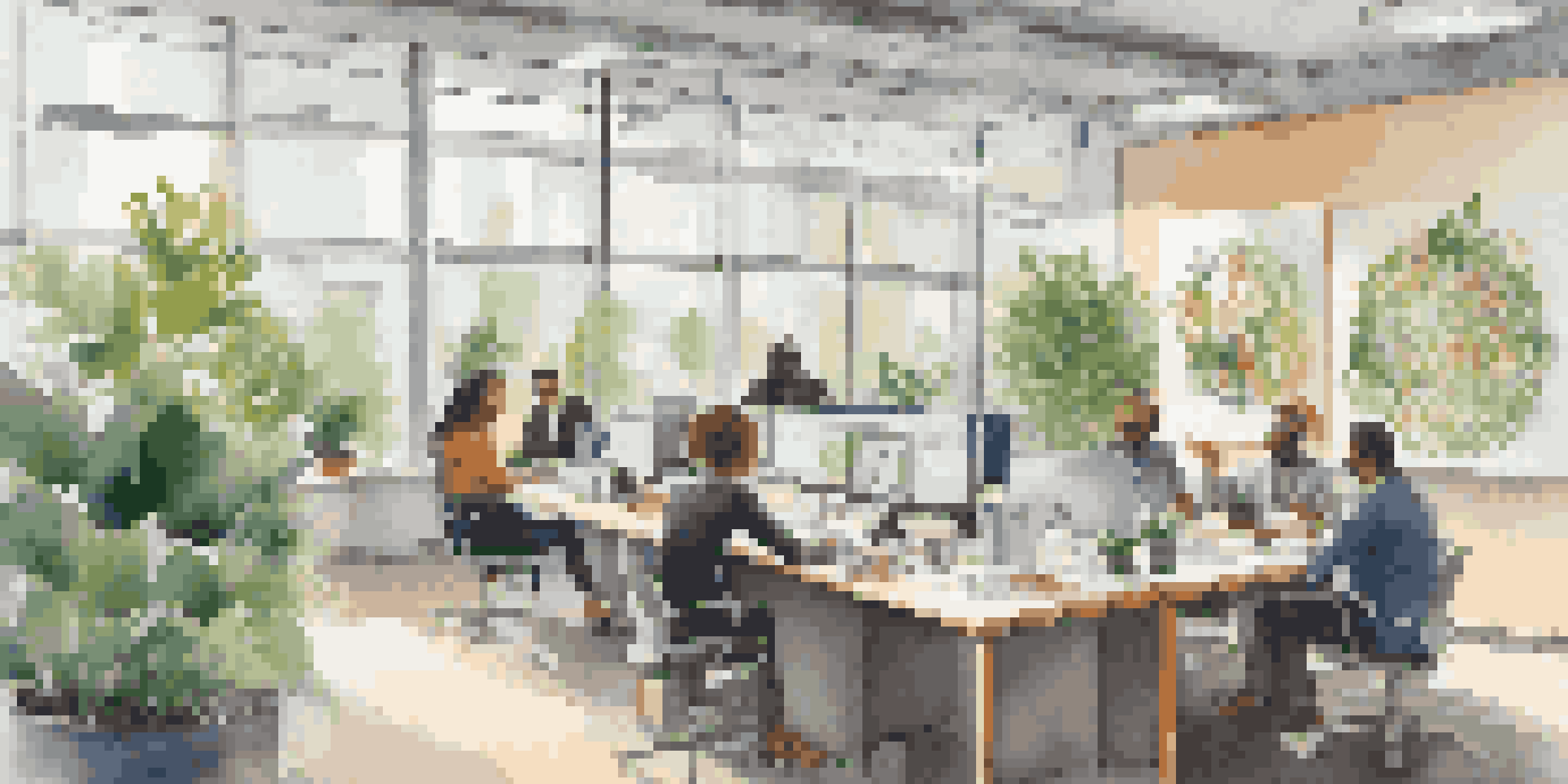 A bright and modern office environment with employees collaborating and discussing around a round table, surrounded by plants and colorful artwork.