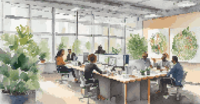 A bright and modern office environment with employees collaborating and discussing around a round table, surrounded by plants and colorful artwork.