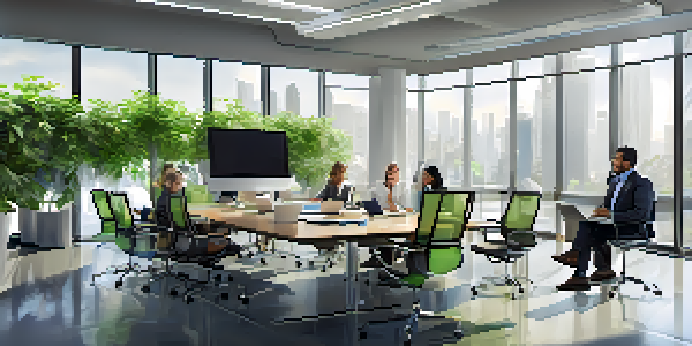 A diverse group of professionals collaborating in a bright conference room with modern technology.