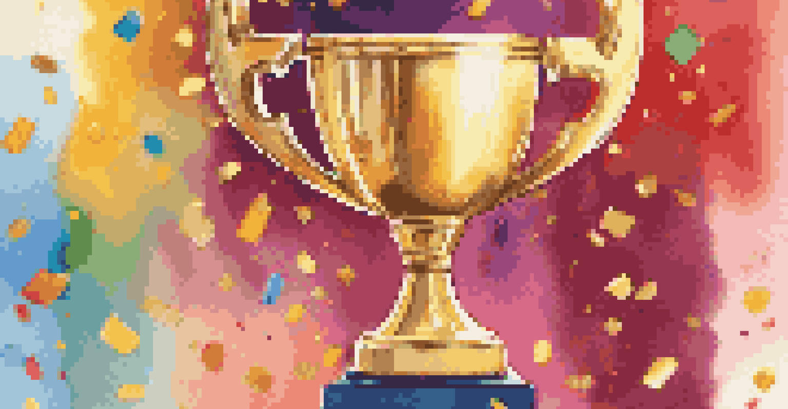 A hand holding a golden trophy labeled 'Employee of the Month' surrounded by confetti.