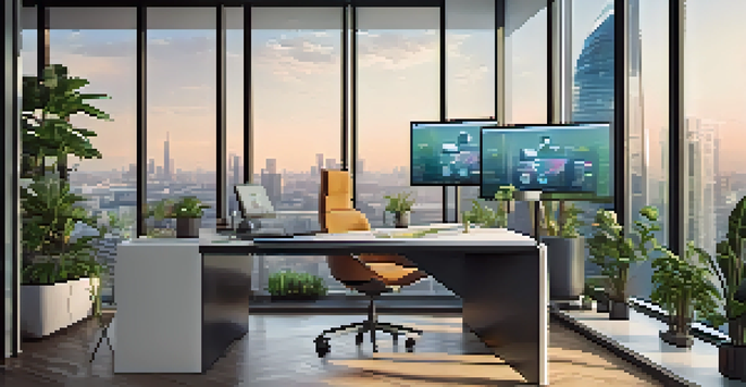 A modern office with a desk, laptop showing graphs, smartphone, and city skyline view, decorated with plants.