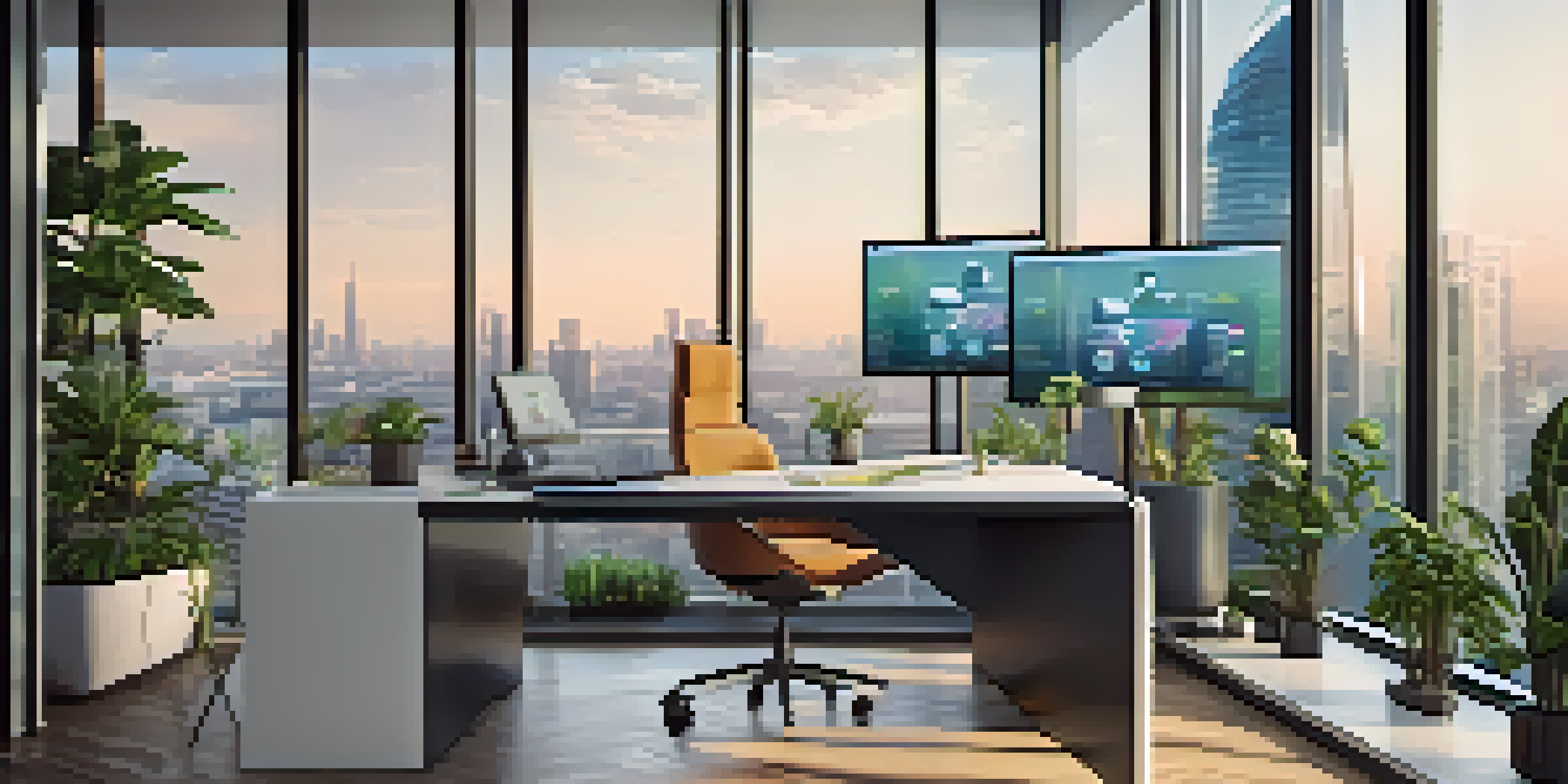 A modern office with a desk, laptop showing graphs, smartphone, and city skyline view, decorated with plants.