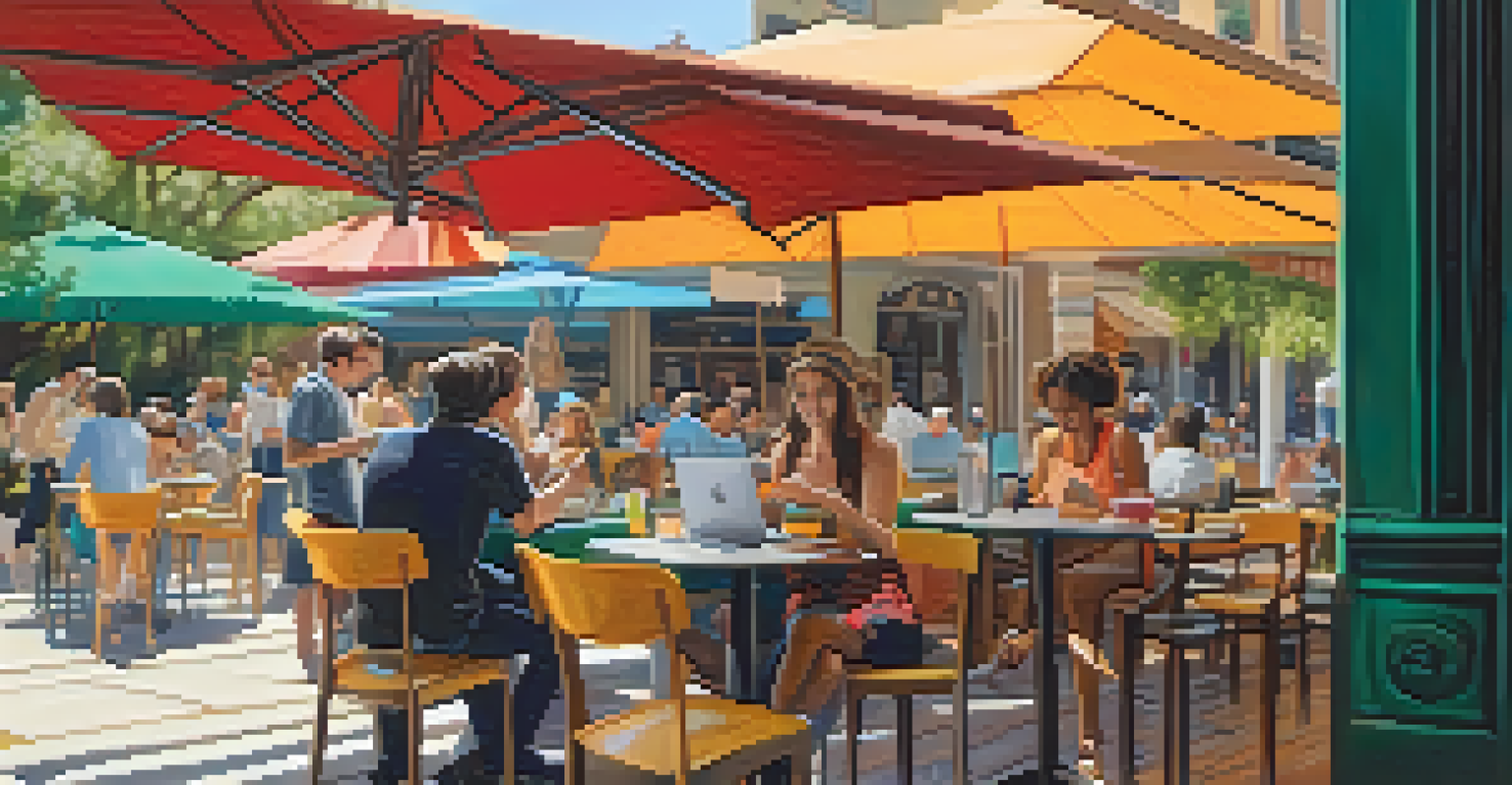 A freelancer working on a laptop at a café terrace outdoors with a drink and notebook.