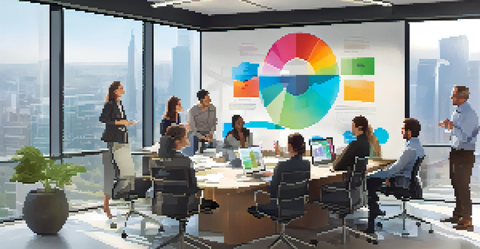 A diverse group of professionals in a bright office space working together on a brainstorming session, with visual aids in the background.
