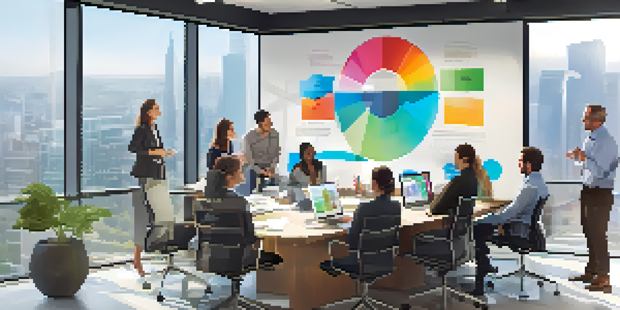 A diverse group of professionals in a bright office space working together on a brainstorming session, with visual aids in the background.