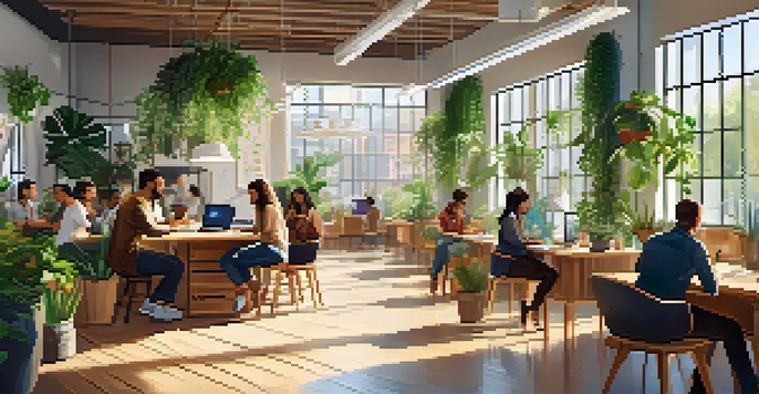 A lively co-working space with diverse people collaborating, surrounded by greenery and modern furnishings, illuminated by natural light.