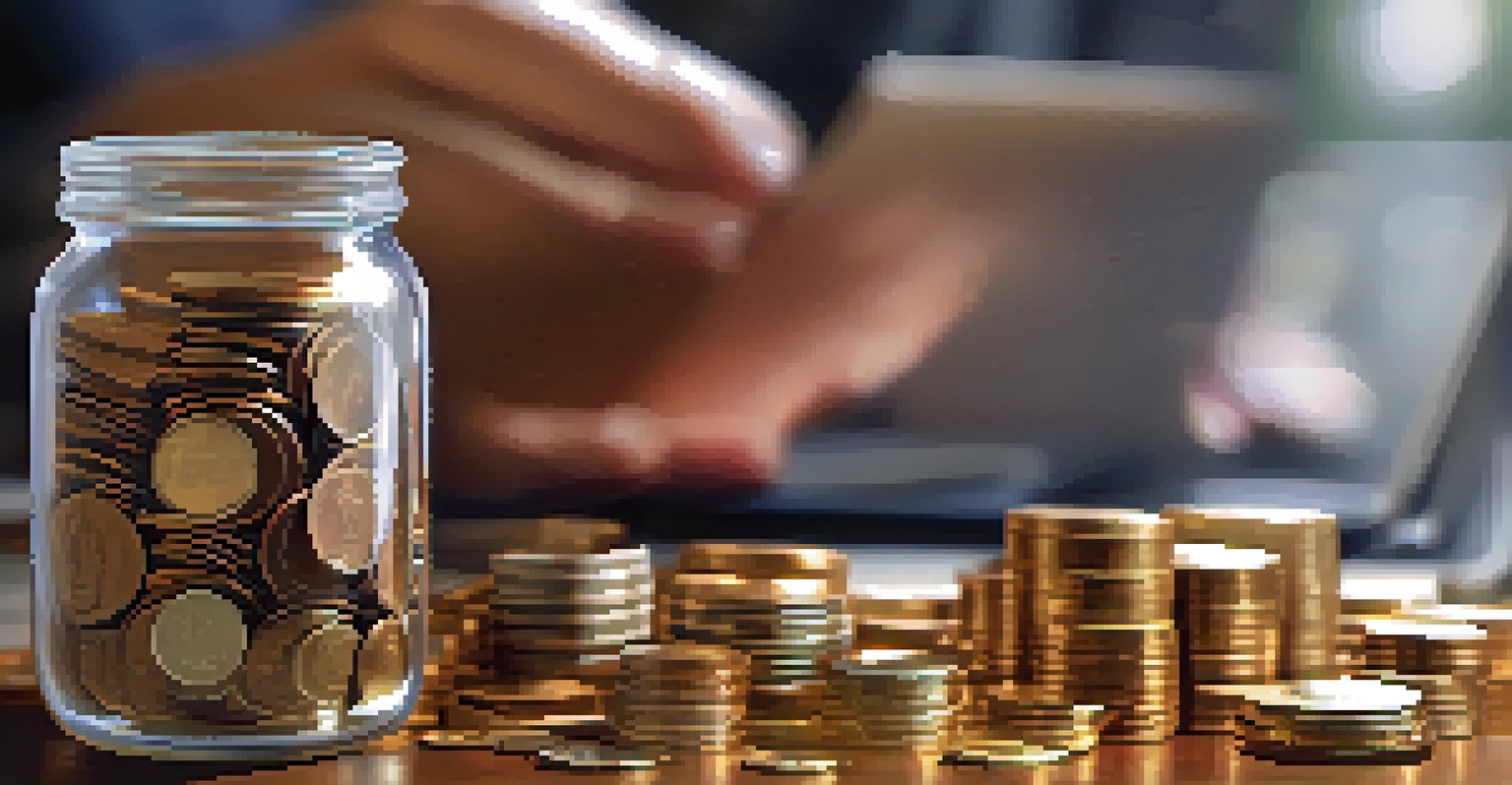 A hand holding a jar of coins labeled 'Ethical Investment' with a blurred desk background.