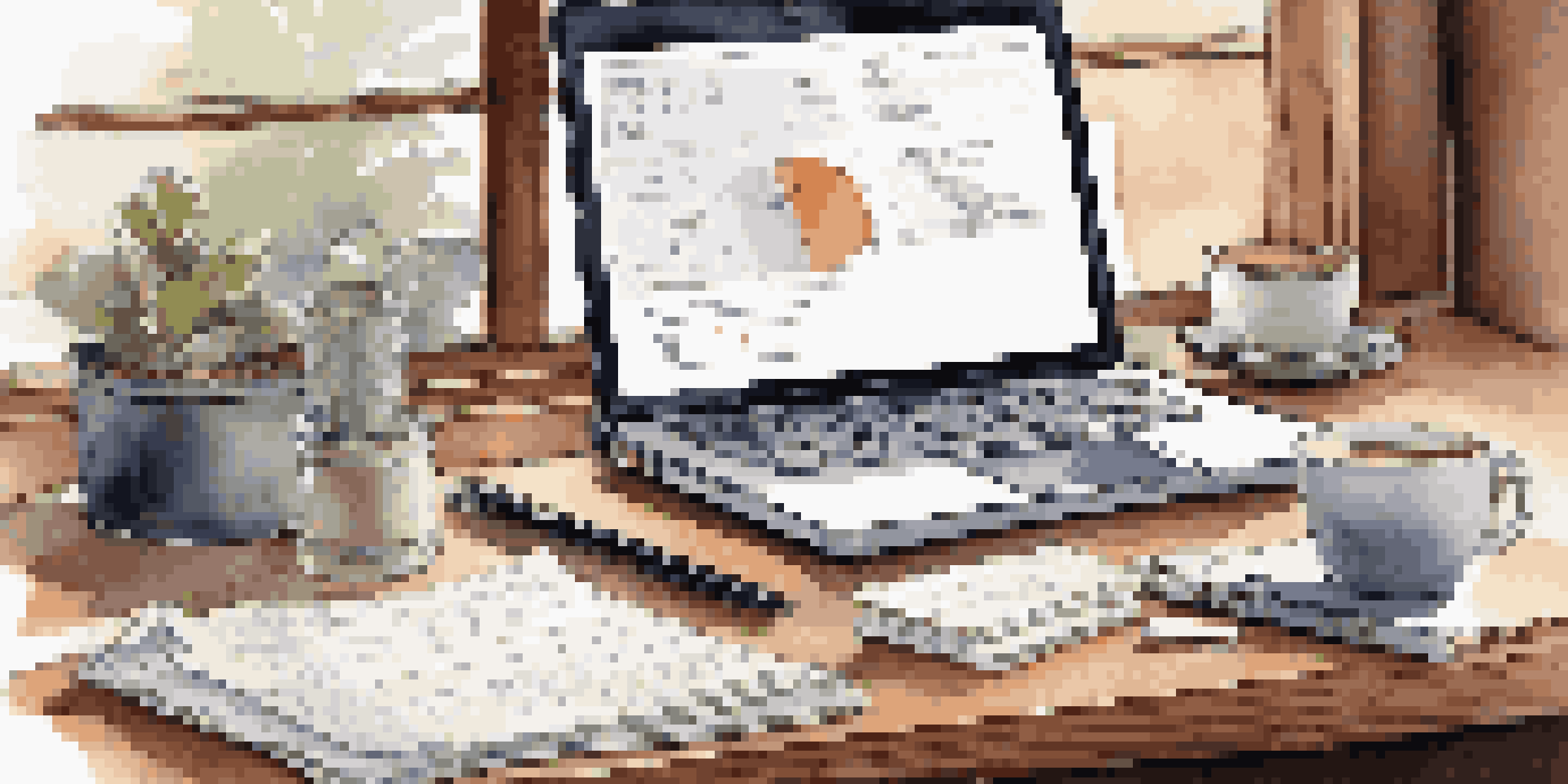 A desk setup with a laptop showing a business plan, a coffee cup, and a notepad, illuminated by natural light from a window.