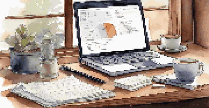 A desk setup with a laptop showing a business plan, a coffee cup, and a notepad, illuminated by natural light from a window.