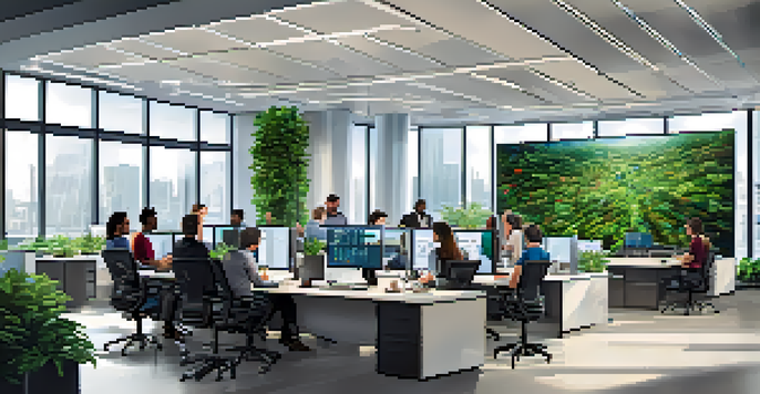A diverse group of employees in a modern office discussing cybersecurity strategies around a conference table with screens displaying data.