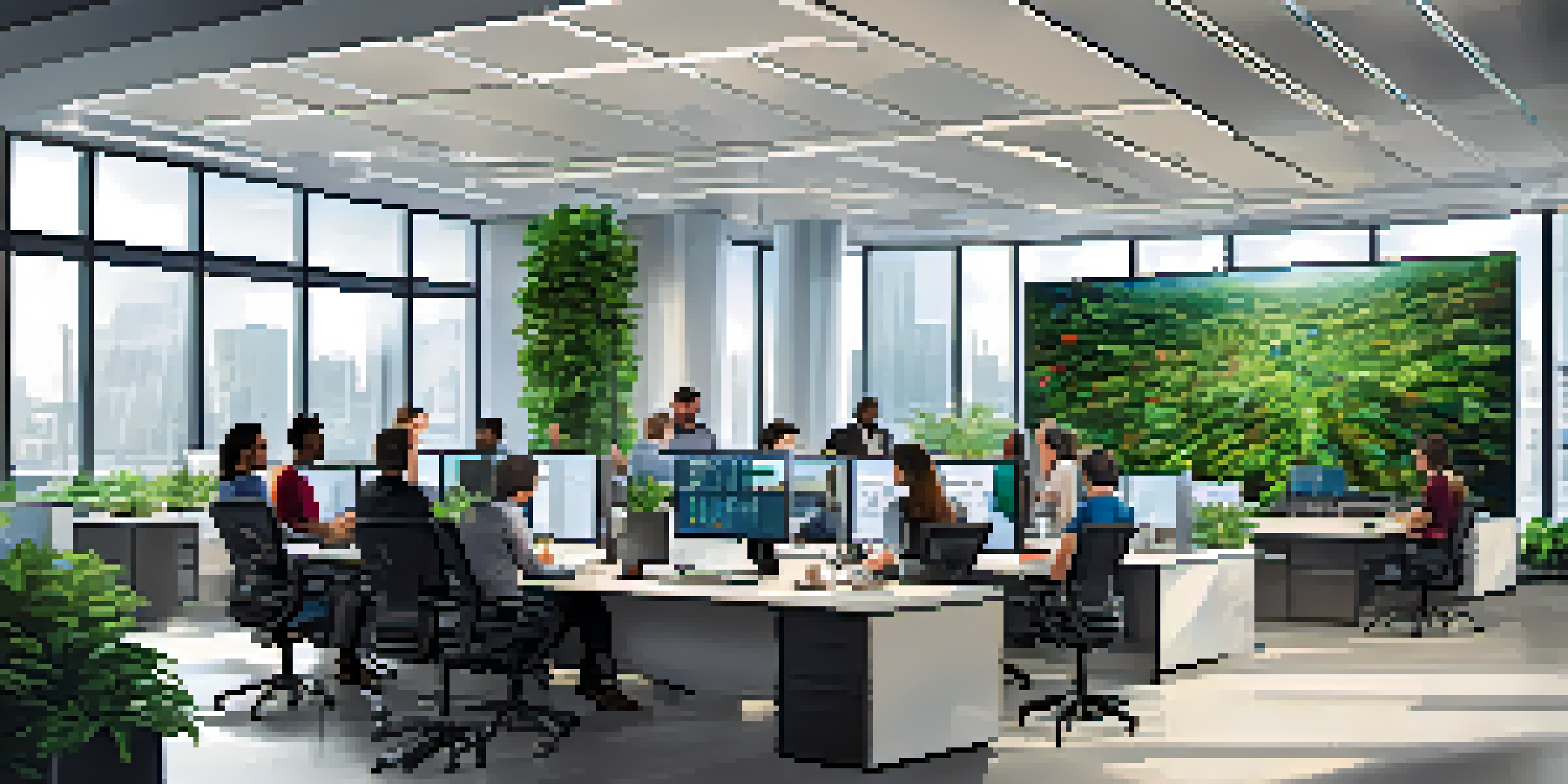 A diverse group of employees in a modern office discussing cybersecurity strategies around a conference table with screens displaying data.