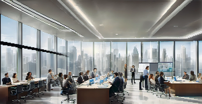 A diverse group of professionals in a bright office discussing resource allocation with charts on display.