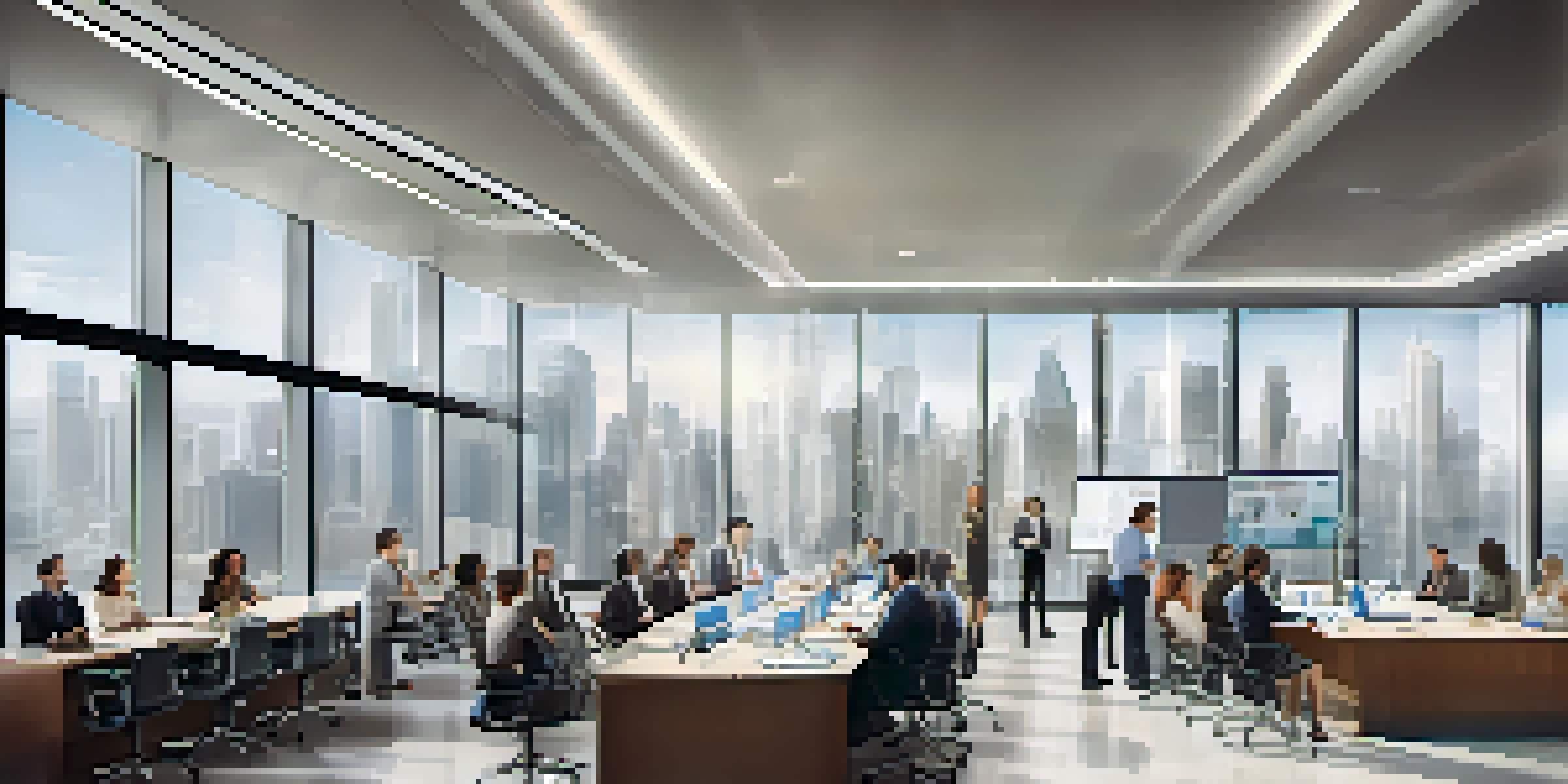 A diverse group of professionals in a bright office discussing resource allocation with charts on display.