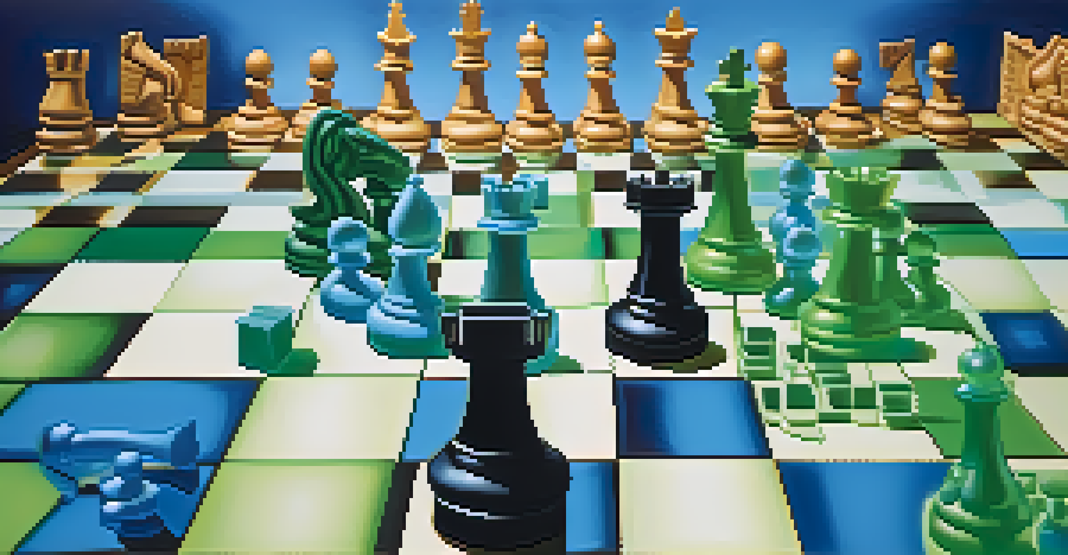 An abstract chessboard with glass pieces, symbolizing strategy in competitive analysis against a gradient background.