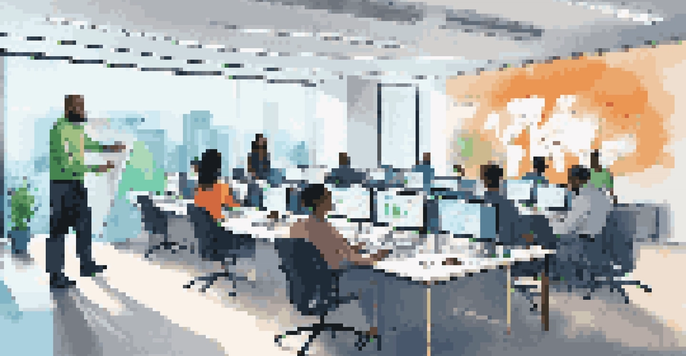 A diverse group of employees in a bright office participating in a cybersecurity training session with a trainer demonstrating a phishing simulation.